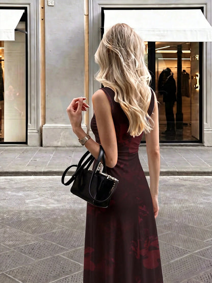 Firerie New Minimalist Elegant Romantic Date Dinner Daily Commute Dark Blue Small Stand Collar Sleeveless Cinched Waist Pleated A-Line Maxi Dress Autumn