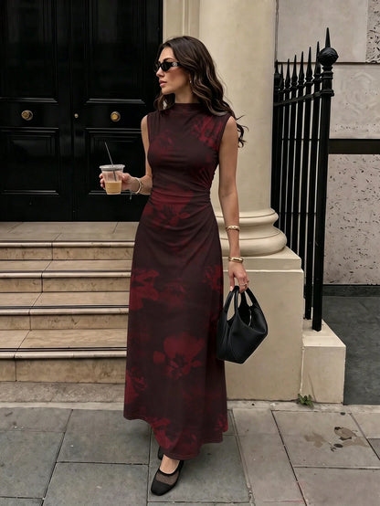 Firerie New Minimalist Elegant Romantic Date Dinner Daily Commute Dark Blue Small Stand Collar Sleeveless Cinched Waist Pleated A-Line Maxi Dress Autumn