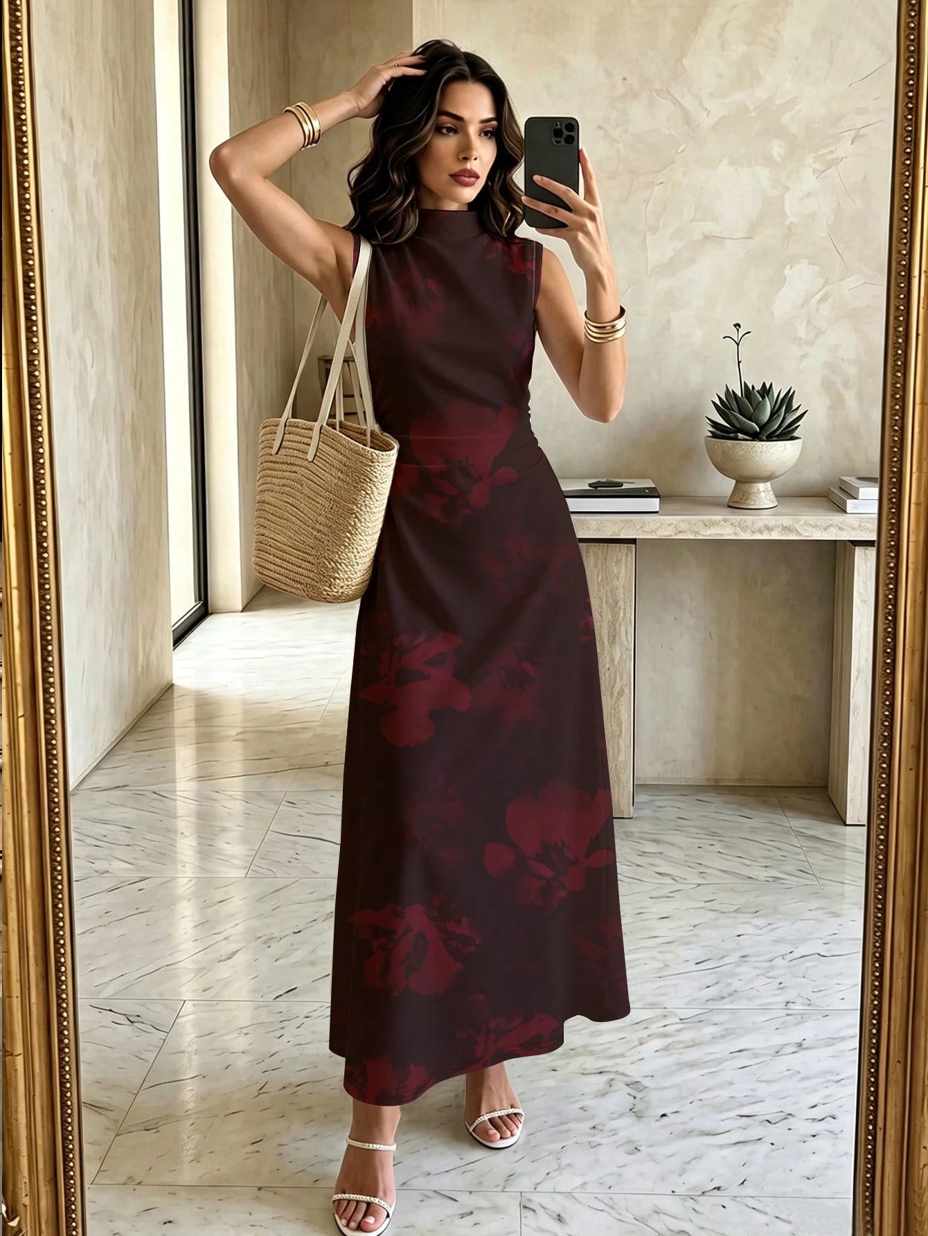 Firerie New Minimalist Elegant Romantic Date Dinner Daily Commute Dark Blue Small Stand Collar Sleeveless Cinched Waist Pleated A-Line Maxi Dress Autumn
