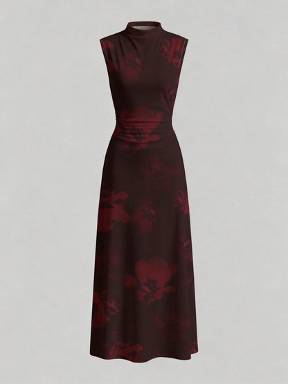 Firerie New Minimalist Elegant Romantic Date Dinner Daily Commute Dark Blue Small Stand Collar Sleeveless Cinched Waist Pleated A-Line Maxi Dress Autumn