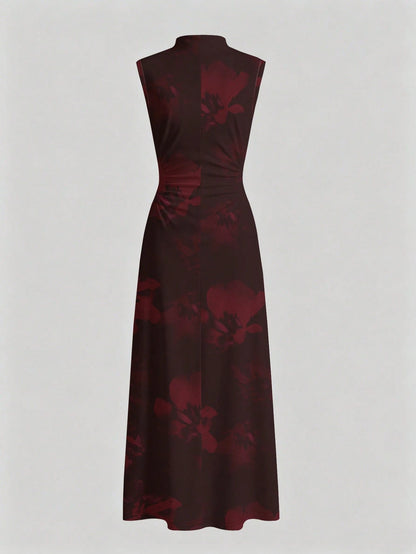 Firerie New Minimalist Elegant Romantic Date Dinner Daily Commute Dark Blue Small Stand Collar Sleeveless Cinched Waist Pleated A-Line Maxi Dress Autumn