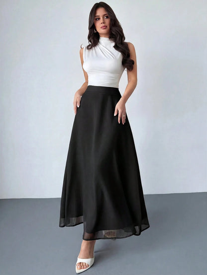 Firerie Women's Black Winter Classy Elegant Dining Chiffon Skirt,Minimalist Date Vacation Beach Flowy A-Line Pleated Zipper Design Everyday Commute
