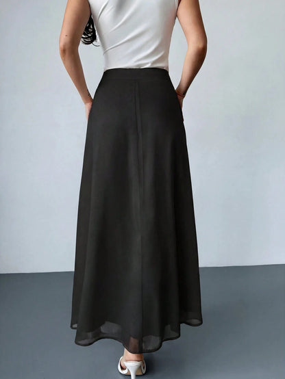 Firerie Women's Black Winter Classy Elegant Dining Chiffon Skirt,Minimalist Date Vacation Beach Flowy A-Line Pleated Zipper Design Everyday Commute