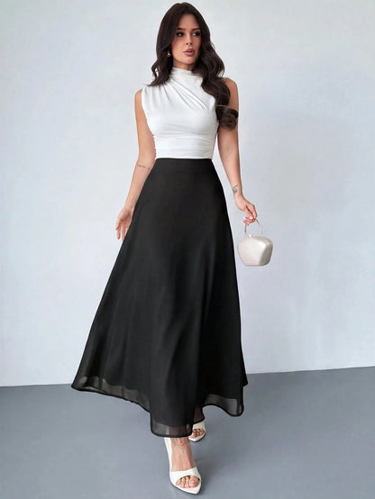 Firerie Women's Black Winter Classy Elegant Dining Chiffon Skirt,Minimalist Date Vacation Beach Flowy A-Line Pleated Zipper Design Everyday Commute