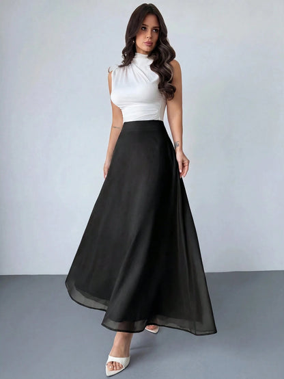 Firerie Women's Black Winter Classy Elegant Dining Chiffon Skirt,Minimalist Date Vacation Beach Flowy A-Line Pleated Zipper Design Everyday Commute