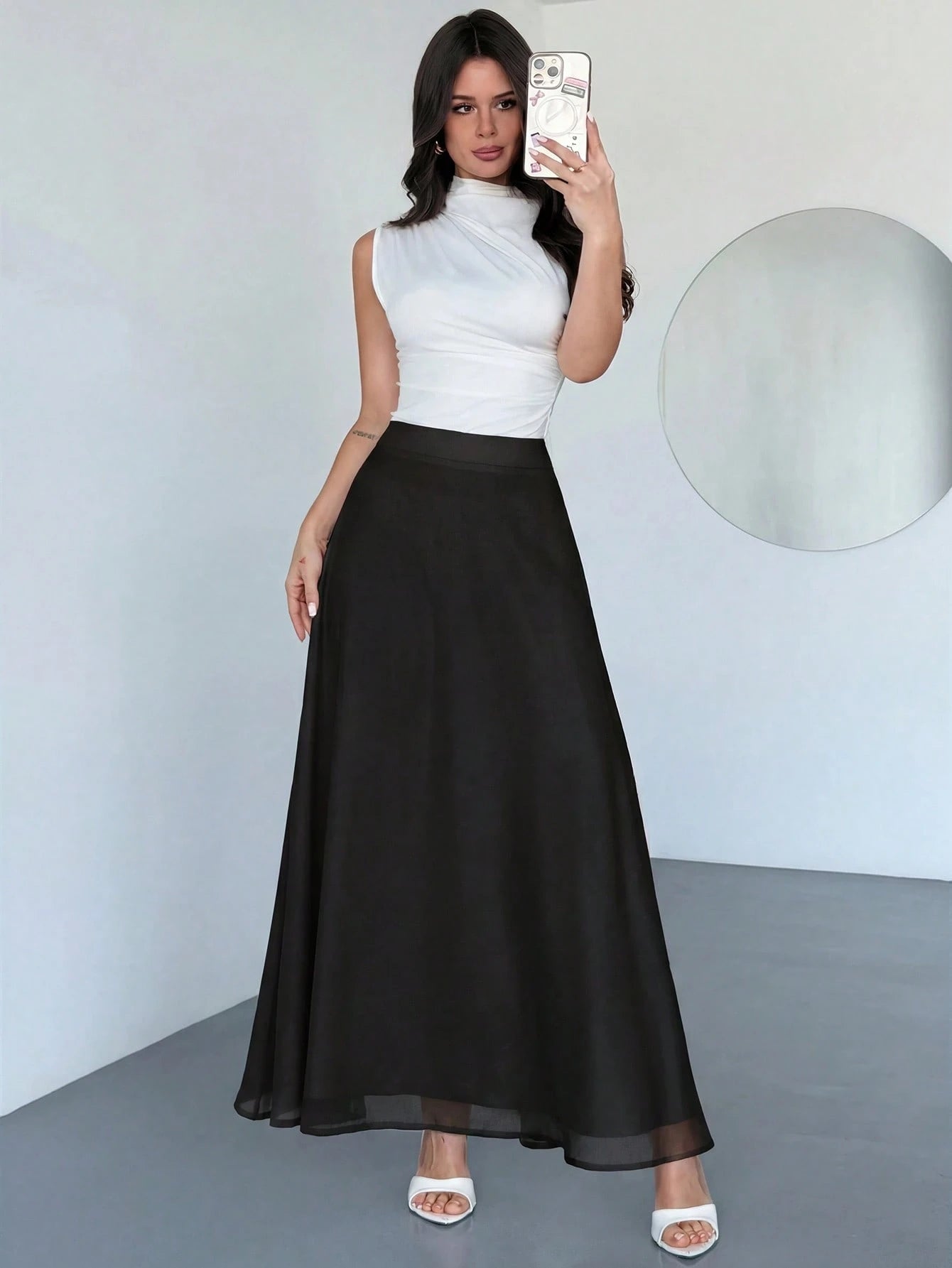 Firerie Women's Black Winter Classy Elegant Dining Chiffon Skirt,Minimalist Date Vacation Beach Flowy A-Line Pleated Zipper Design Everyday Commute