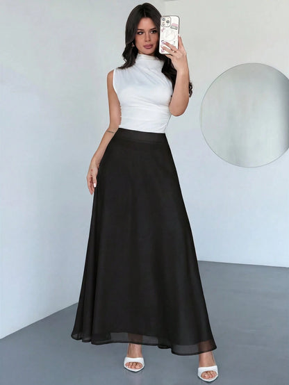 Firerie Women's Black Winter Classy Elegant Dining Chiffon Skirt,Minimalist Date Vacation Beach Flowy A-Line Pleated Zipper Design Everyday Commute