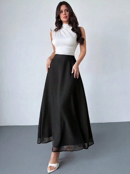 Firerie Women's Black Winter Classy Elegant Dining Chiffon Skirt,Minimalist Date Vacation Beach Flowy A-Line Pleated Zipper Design Everyday Commute