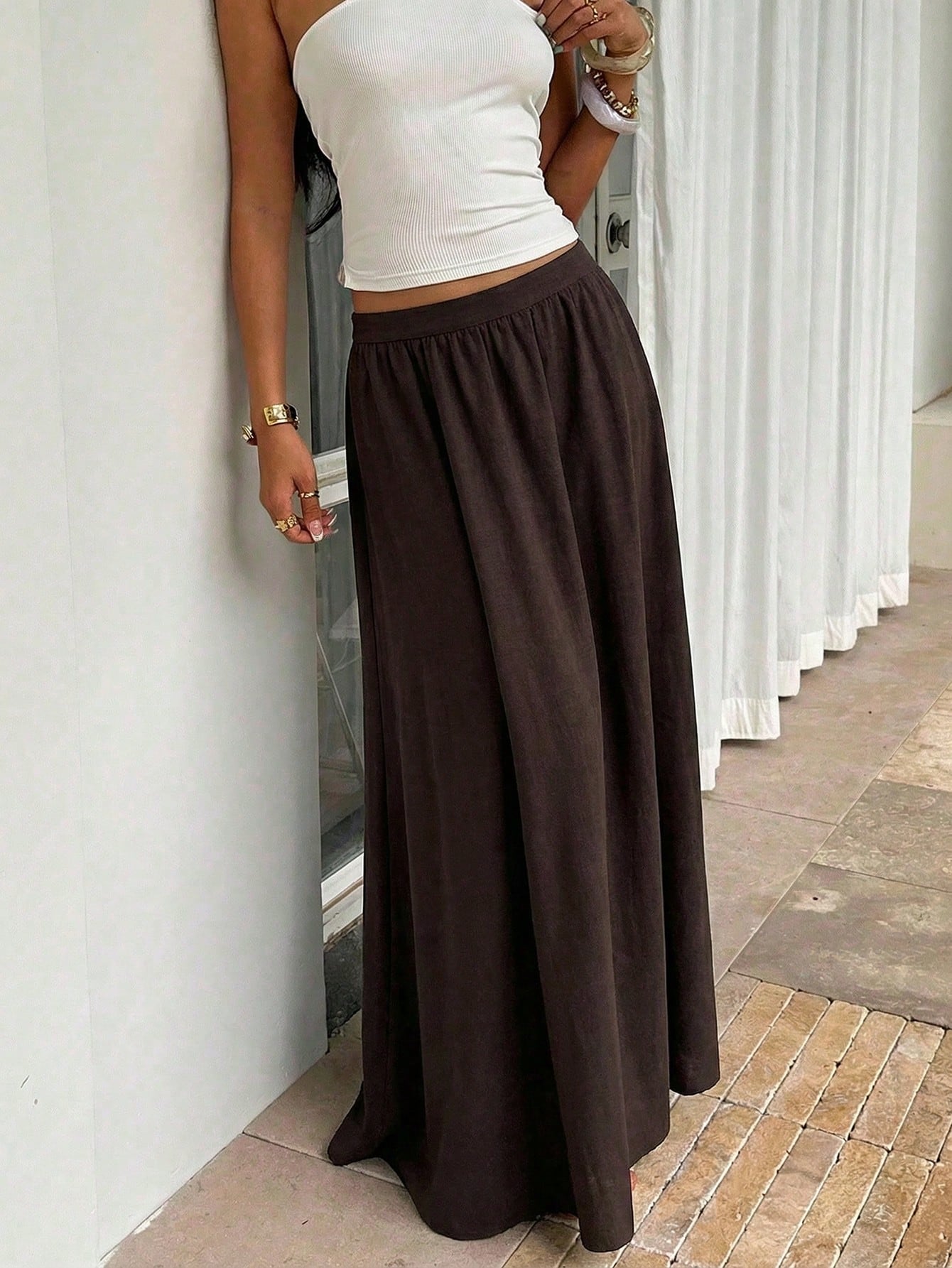 Firerie Women's Cinched Elastic Waist Maxi Skirt,Shades Of Brown,Summer,Basic,Vacation,Linen-Feel Elegant Boho Bohemian Beach Music Festival Spring Skirt
