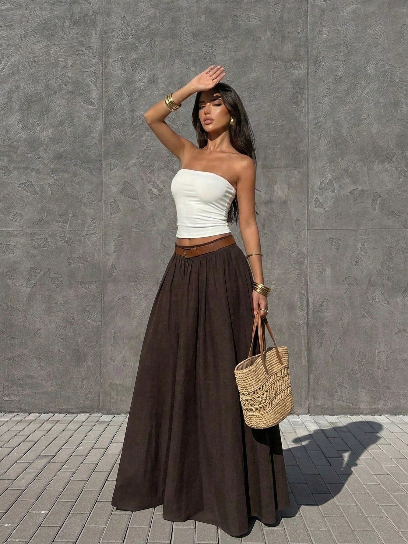 Firerie Women's Cinched Elastic Waist Maxi Skirt,Shades Of Brown,Summer,Basic,Vacation,Linen-Feel Elegant Boho Bohemian Beach Music Festival Spring Skirt