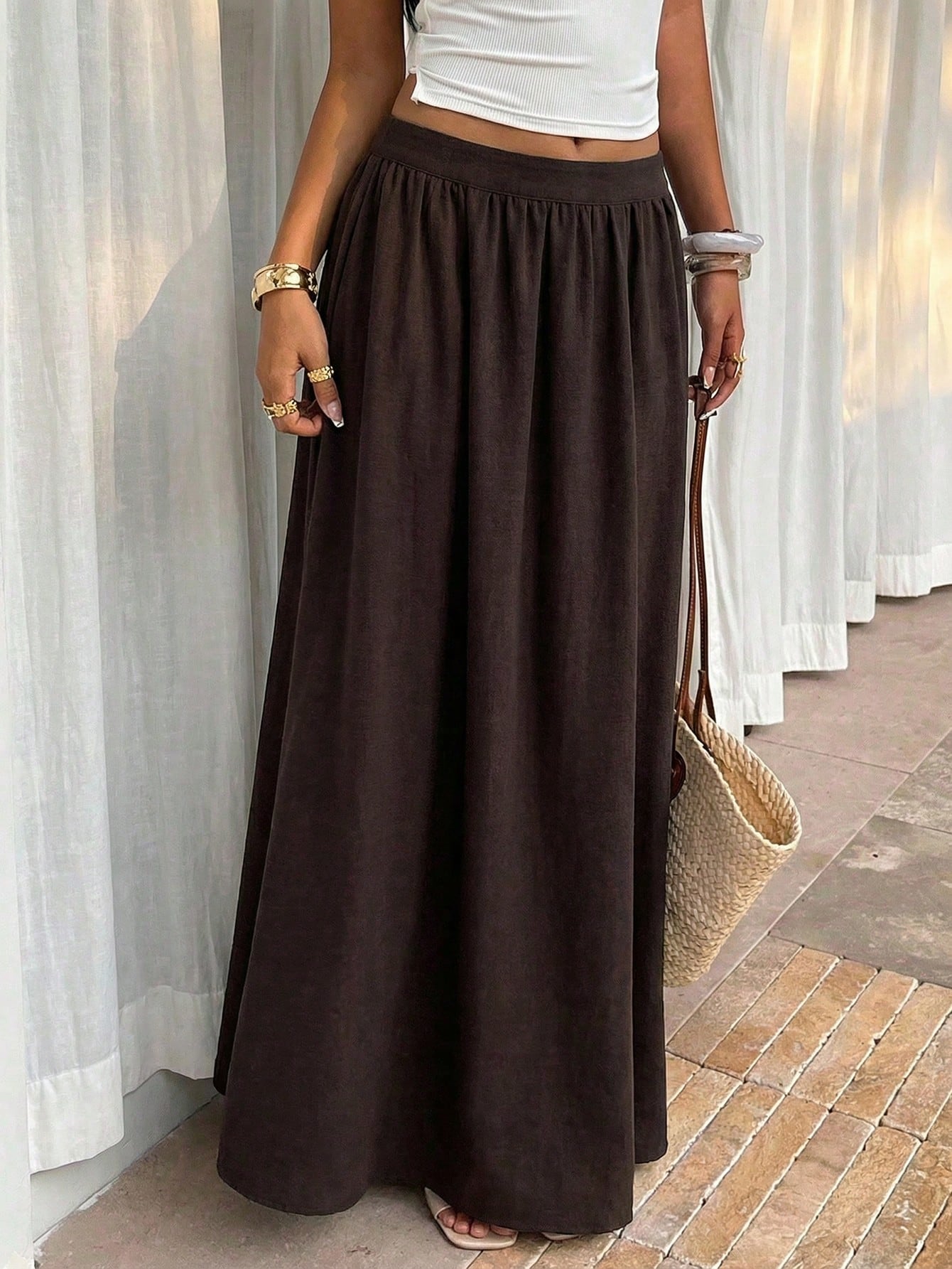 Firerie Women's Cinched Elastic Waist Maxi Skirt,Shades Of Brown,Summer,Basic,Vacation,Linen-Feel Elegant Boho Bohemian Beach Music Festival Spring Skirt
