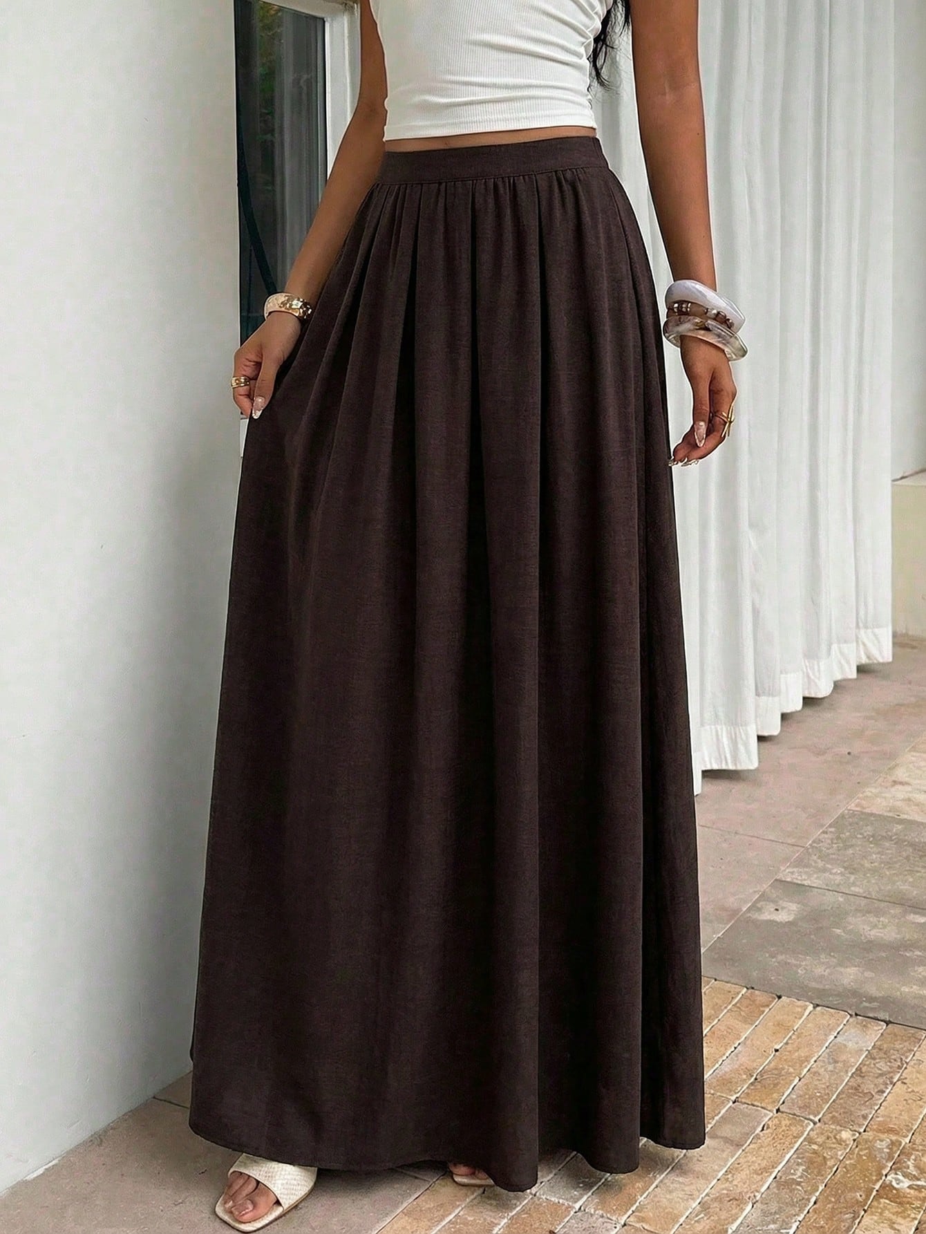 Firerie Women's Cinched Elastic Waist Maxi Skirt,Shades Of Brown,Summer,Basic,Vacation,Linen-Feel Elegant Boho Bohemian Beach Music Festival Spring Skirt