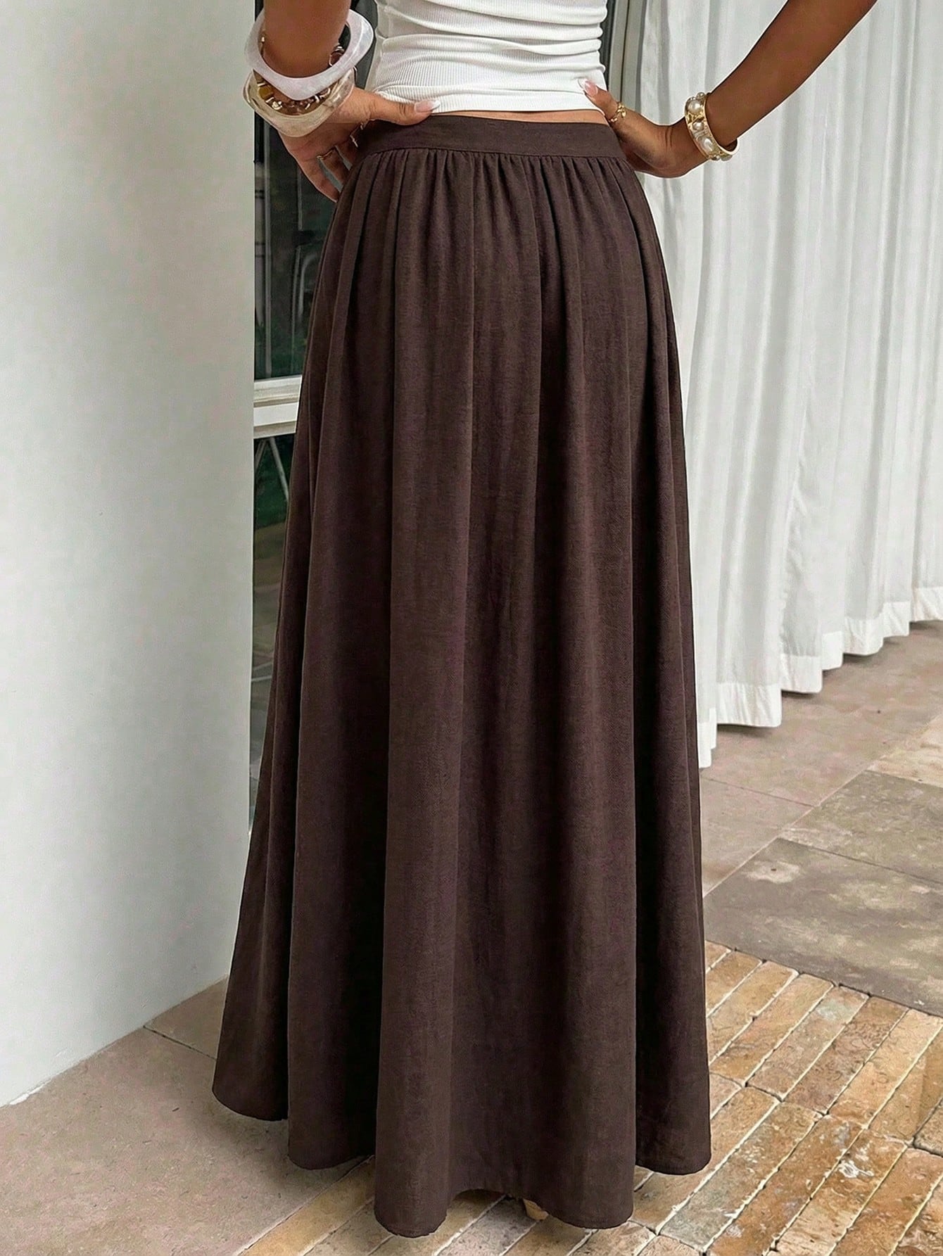 Firerie Women's Cinched Elastic Waist Maxi Skirt,Shades Of Brown,Summer,Basic,Vacation,Linen-Feel Elegant Boho Bohemian Beach Music Festival Spring Skirt