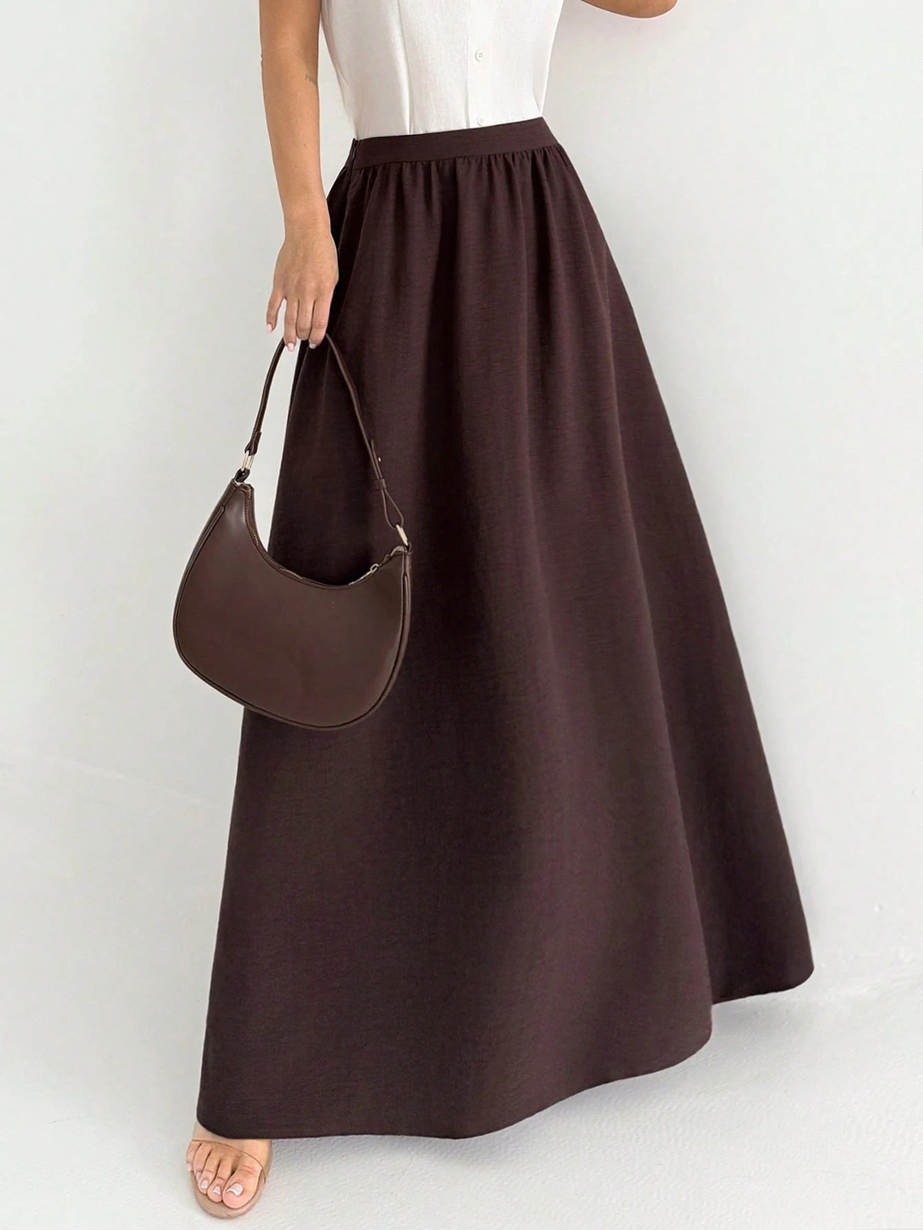Firerie Women's Cinched Elastic Waist Maxi Skirt,Shades Of Brown,Summer,Basic,Vacation,Linen-Feel Elegant Boho Bohemian Beach Music Festival Spring Skirt