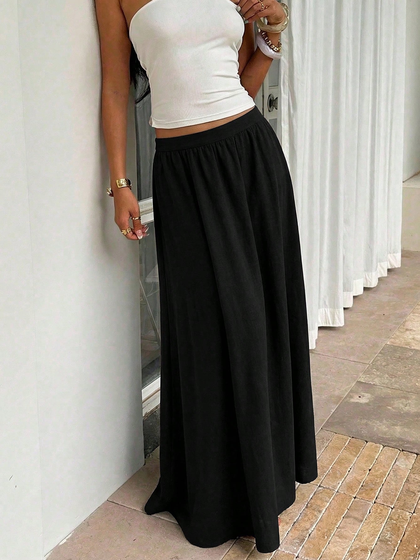 Firerie Women's Cinched Elastic Waist Maxi Skirt,Shades Of Brown,Summer,Basic,Vacation,Linen-Feel Elegant Boho Bohemian Beach Music Festival Spring Skirt