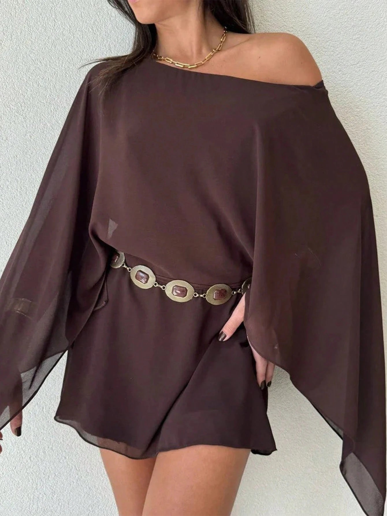 Firerie Women's Dark Brown Chiffon Mini Dress, Summer Boho Music Festival Vacation Clothing,Elegant Asymmetric Shoulder Loose Asymmetrical Flare Sleeve