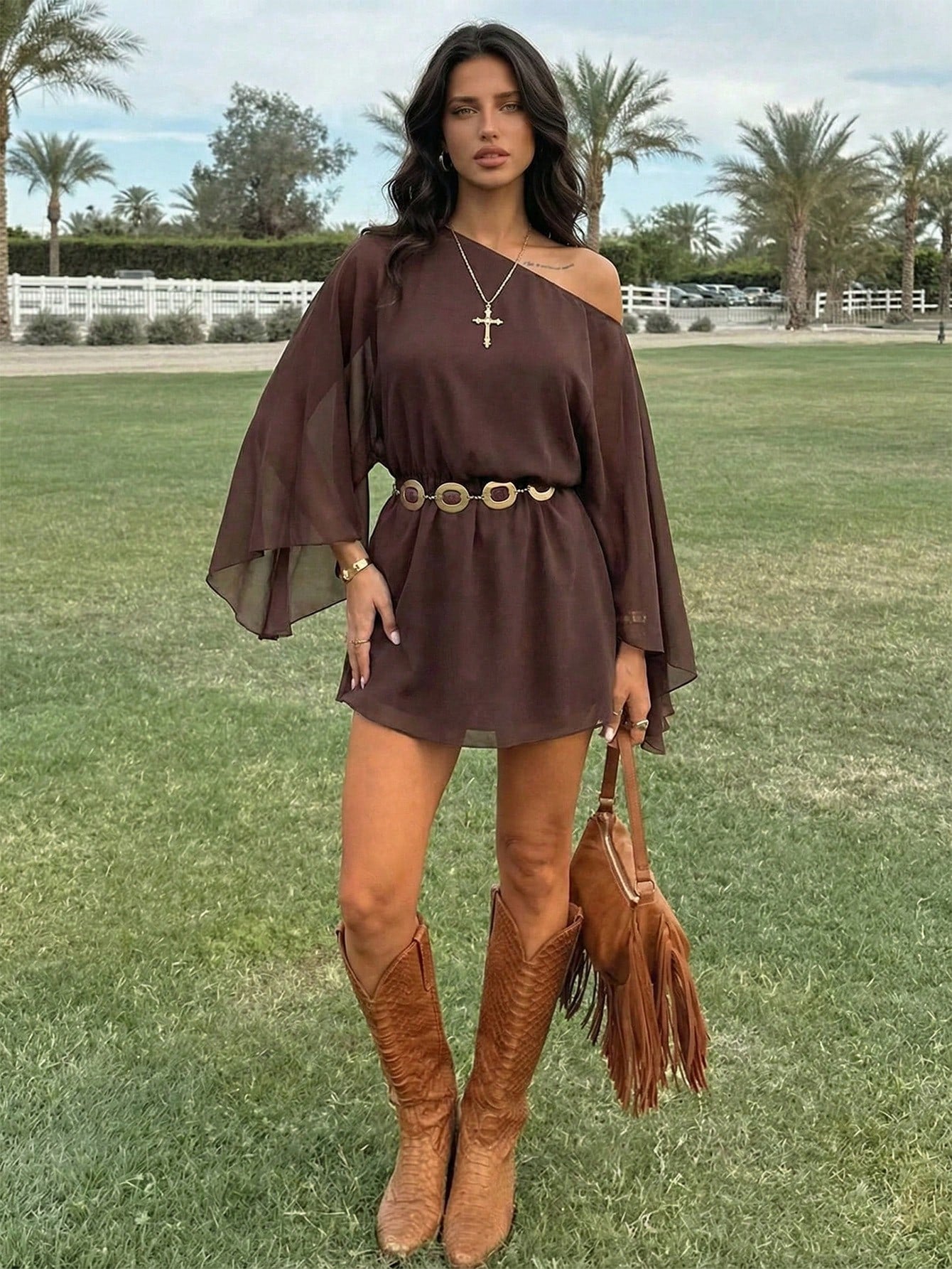 Firerie Women's Dark Brown Chiffon Mini Dress, Summer Boho Music Festival Vacation Clothing,Elegant Asymmetric Shoulder Loose Asymmetrical Flare Sleeve