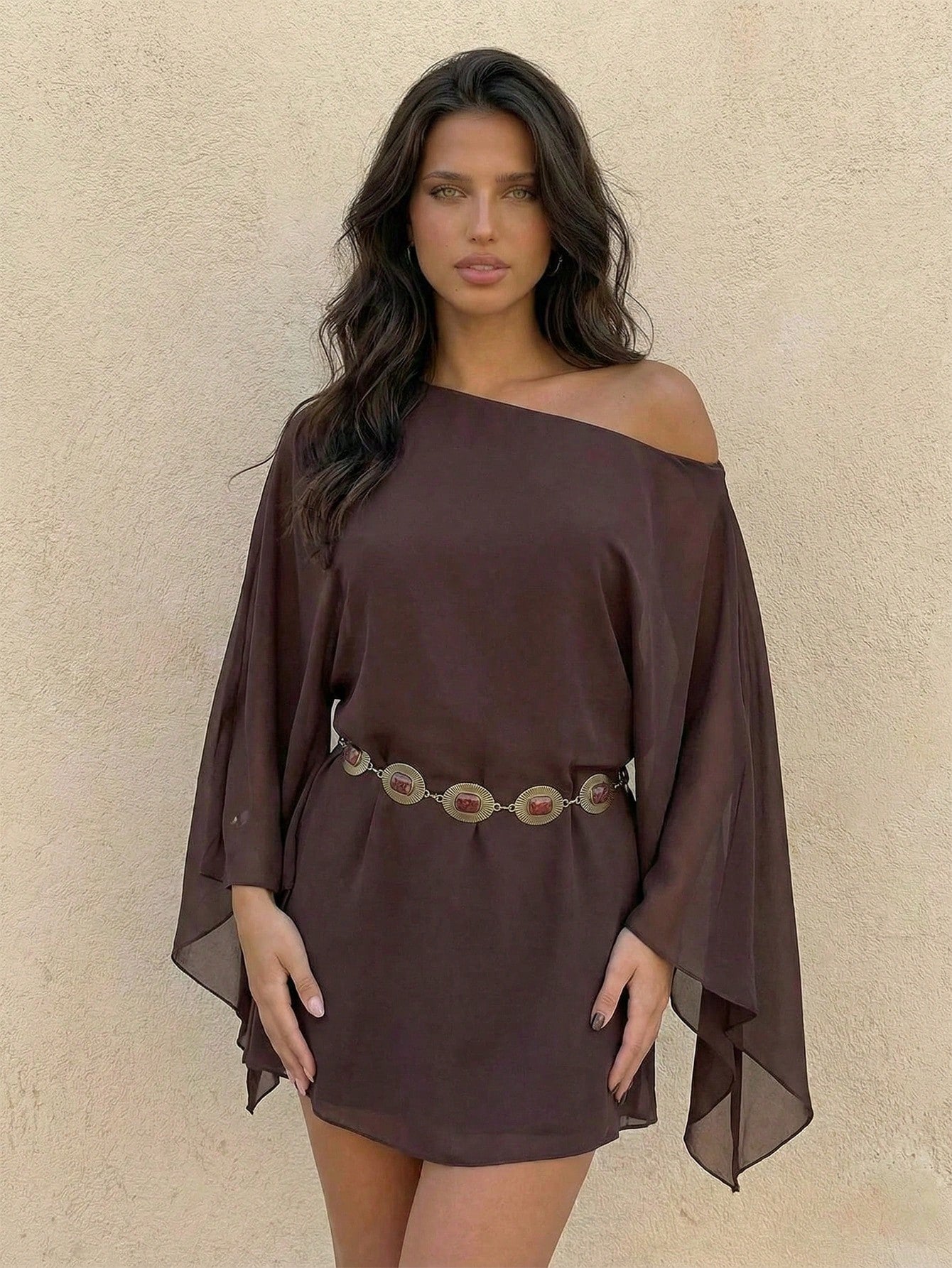 Firerie Women's Dark Brown Chiffon Mini Dress, Summer Boho Music Festival Vacation Clothing,Elegant Asymmetric Shoulder Loose Asymmetrical Flare Sleeve