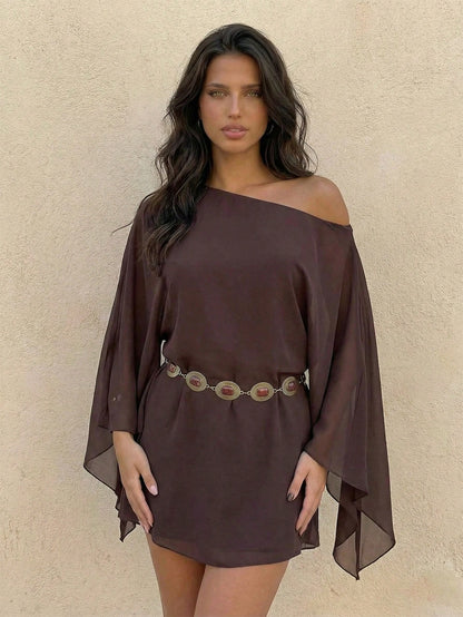 Firerie Women's Dark Brown Chiffon Mini Dress, Summer Boho Music Festival Vacation Clothing,Elegant Asymmetric Shoulder Loose Asymmetrical Flare Sleeve