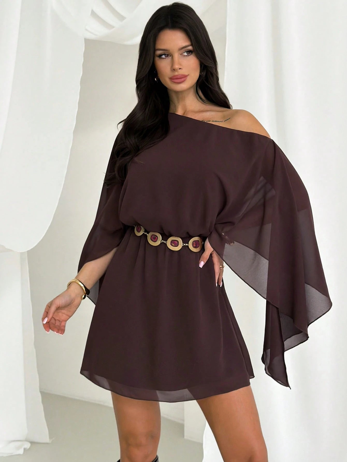 Firerie Women's Dark Brown Chiffon Mini Dress, Summer Boho Music Festival Vacation Clothing,Elegant Asymmetric Shoulder Loose Asymmetrical Flare Sleeve