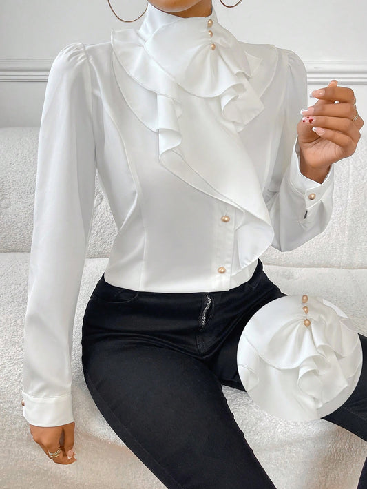 Firerie Women's Elegant Chic Modest Ruffle Peplum Hem Puff Sleeve Work Women Blouse,Long Sleeve Tops