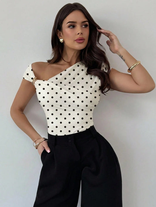 Firerie Women's Modest French T-Shirts Spring/Summer New Arrival Elegant Polka Dot Print Daily Commute Asymmetric Shoulder Cross Wrap Metal Decor Ruched Waist