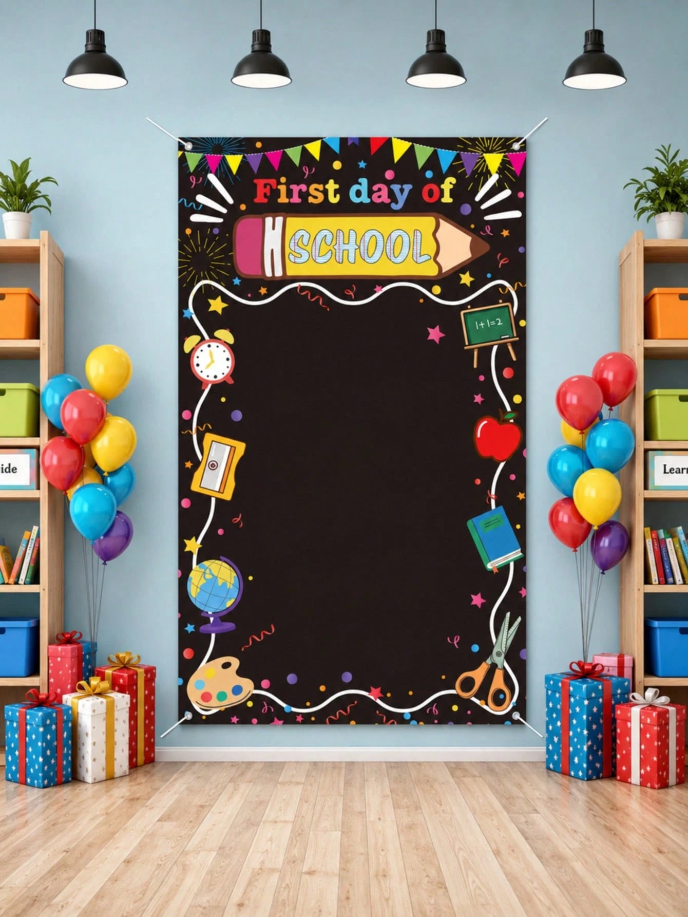 First Day Of School Backdrop Decoration, Pencil Apple Alarm Clock Blackboard Design, Large Size Welcome Back To School Photo Backdrop Classroom Banner Photo Booth Prop Kindergarten Preschool Elementar