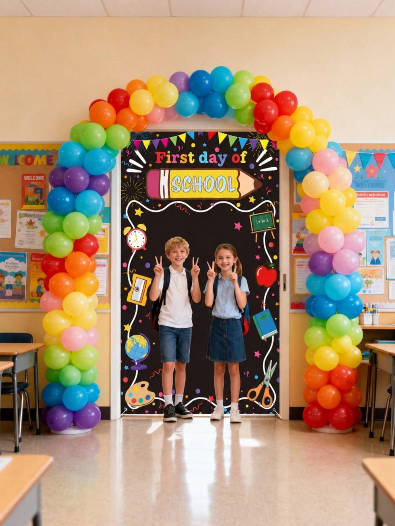 First Day Of School Backdrop Decoration, Pencil Apple Alarm Clock Blackboard Design, Large Size Welcome Back To School Photo Backdrop Classroom Banner Photo Booth Prop Kindergarten Preschool Elementar