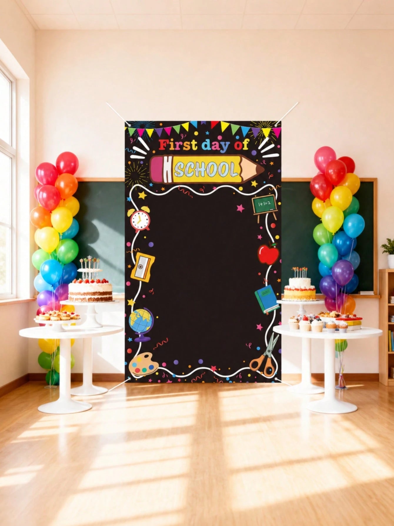 First Day Of School Backdrop Decoration, Pencil Apple Alarm Clock Blackboard Design, Large Size Welcome Back To School Photo Backdrop Classroom Banner Photo Booth Prop Kindergarten Preschool Elementar