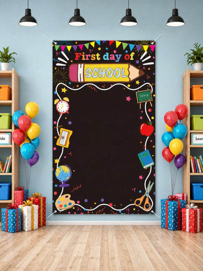 First Day Of School Backdrop Decoration, Pencil Apple Alarm Clock Blackboard Design, Large Size Welcome Back To School Photo Backdrop Classroom Banner Photo Booth Prop Kindergarten Preschool Elementar