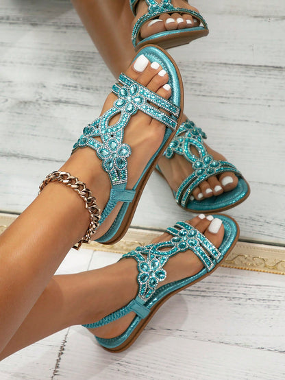 Flat Comfortable Round Toe Sandals For Women Plus Size 46-45-44, Fashionable, Versatile, And Easy To Wear With Rhinestone Embellishments