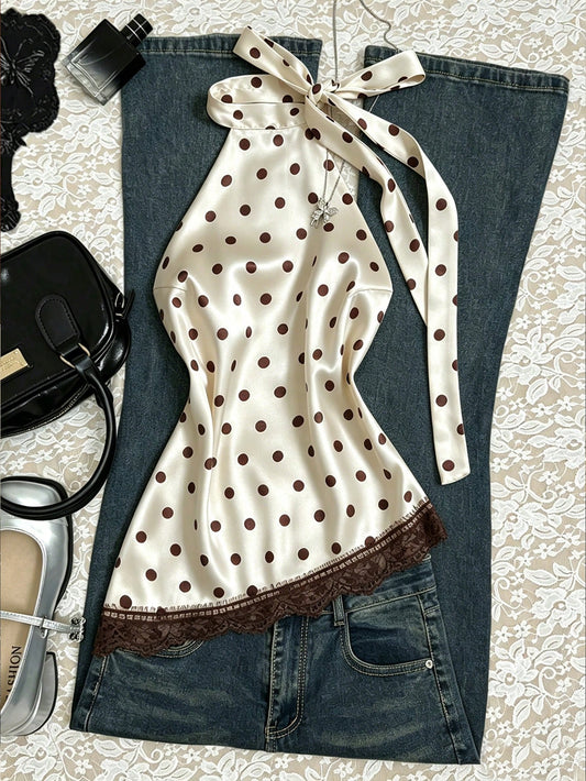 Flirla Elegant French Retro Polka Dot Fabric Halter Backless Sexy Chic Minimalist Versatile Summer Blouse For Women