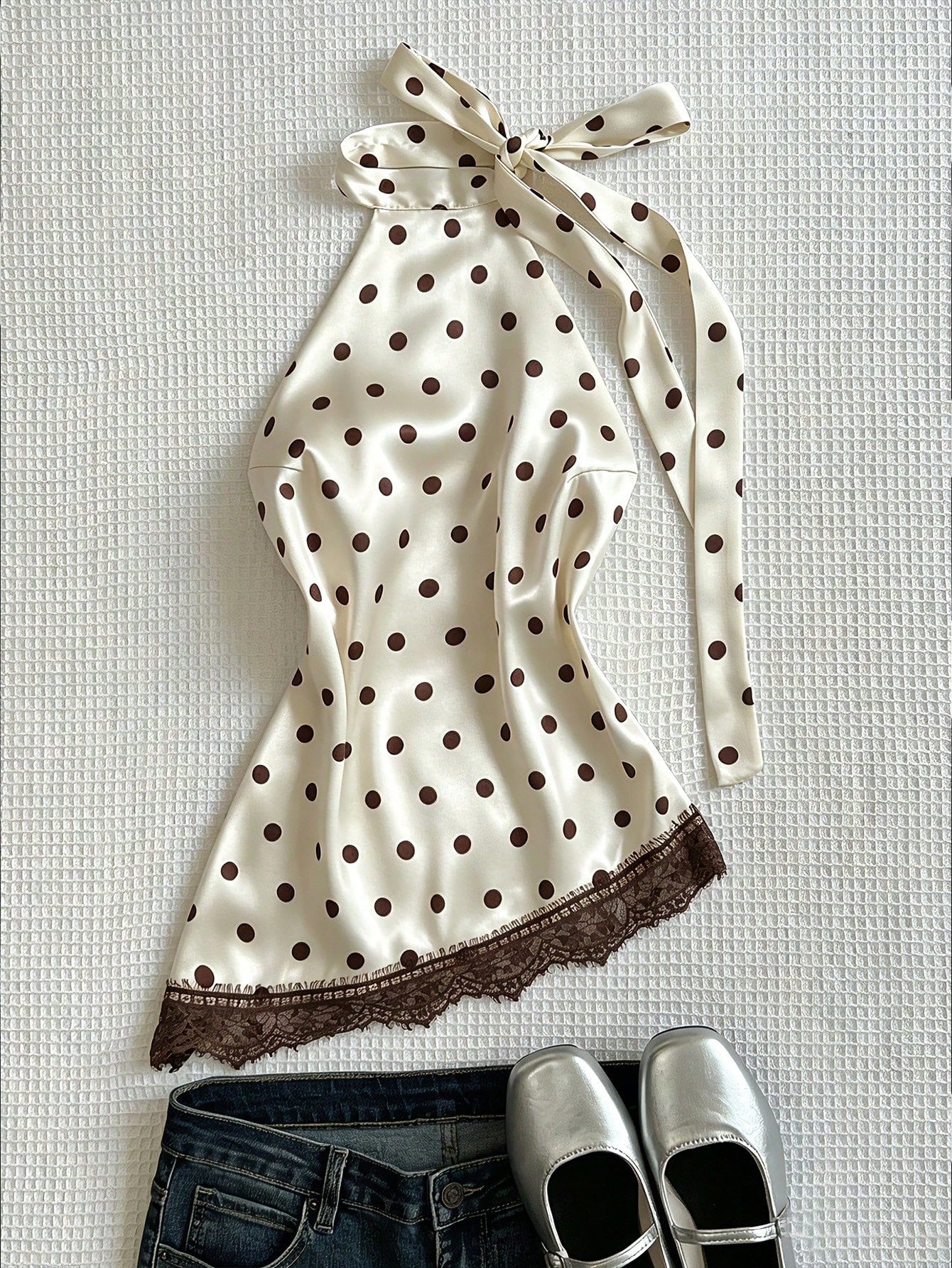 Flirla Elegant French Retro Polka Dot Fabric Halter Backless Sexy Chic Minimalist Versatile Summer Blouse For Women