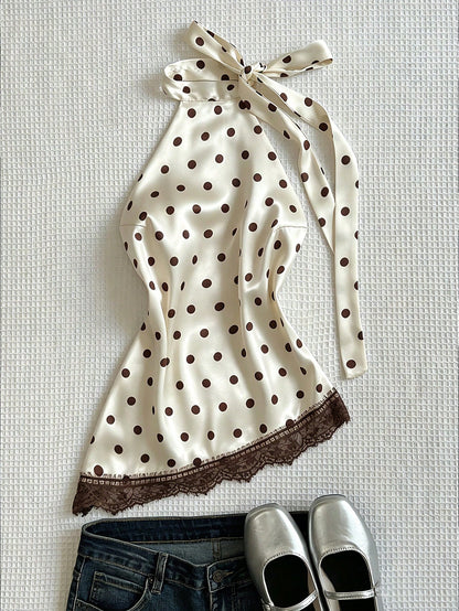 Flirla Elegant French Retro Polka Dot Fabric Halter Backless Sexy Chic Minimalist Versatile Summer Blouse For Women