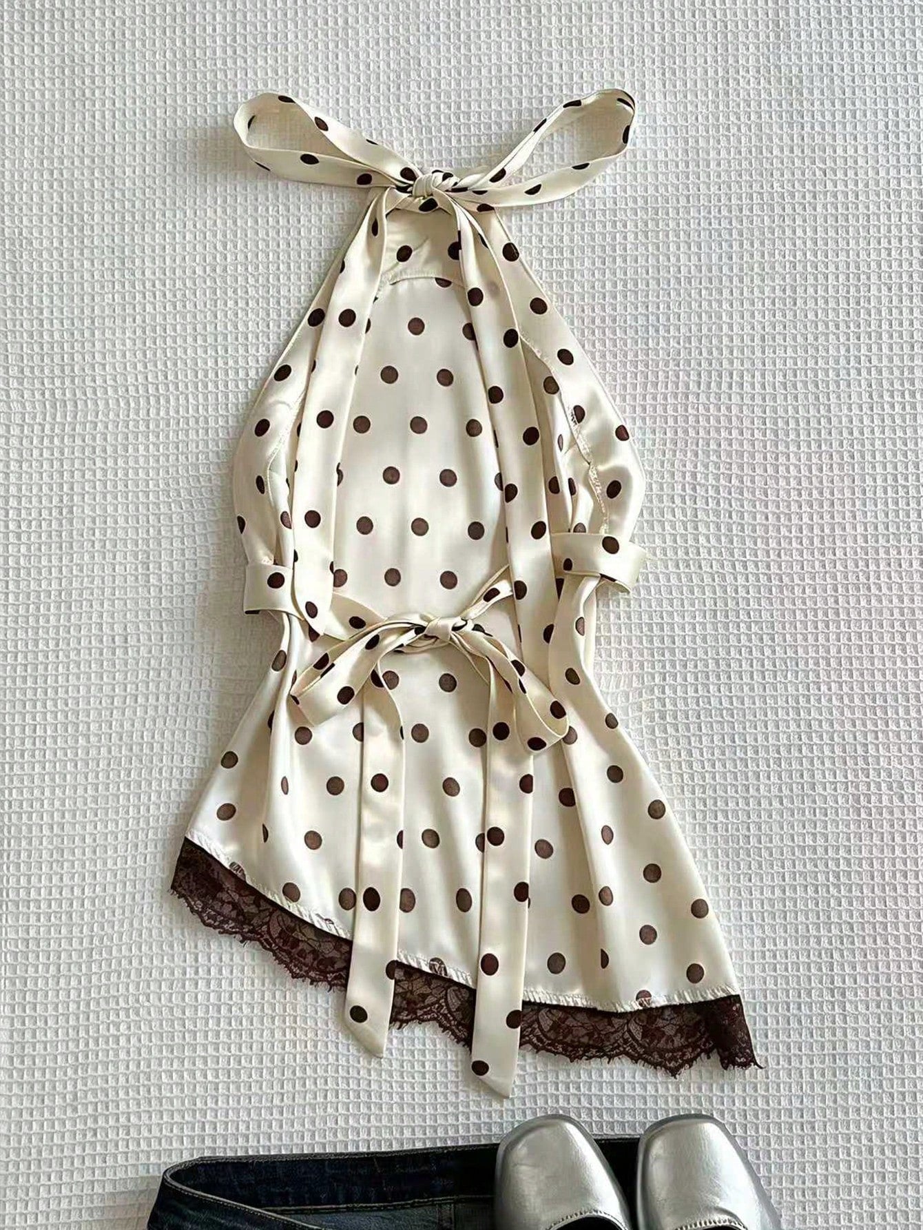 Flirla Elegant French Retro Polka Dot Fabric Halter Backless Sexy Chic Minimalist Versatile Summer Blouse For Women