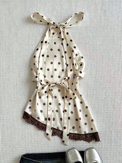 Flirla Elegant French Retro Polka Dot Fabric Halter Backless Sexy Chic Minimalist Versatile Summer Blouse For Women