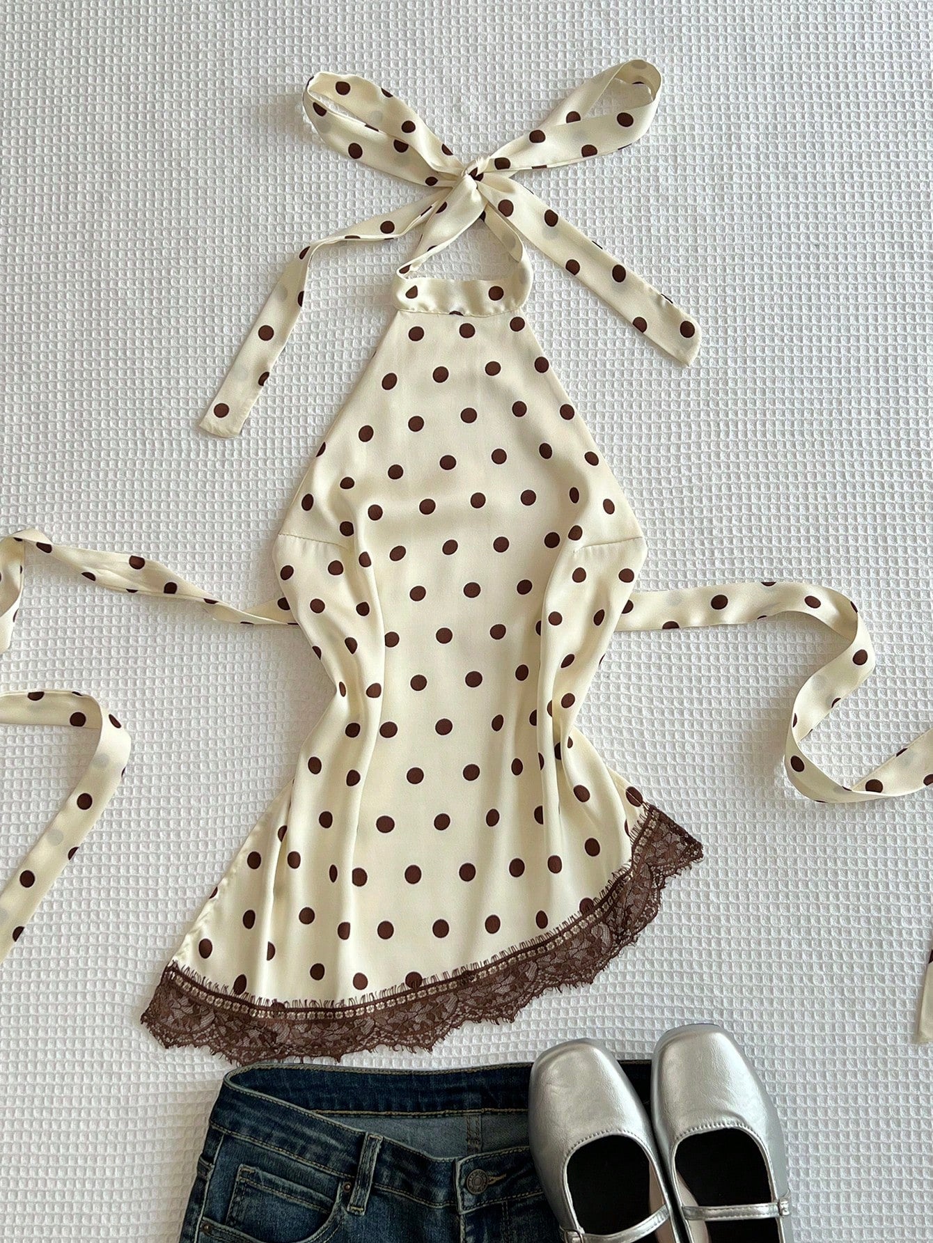 Flirla Elegant French Retro Polka Dot Fabric Halter Backless Sexy Chic Minimalist Versatile Summer Blouse For Women