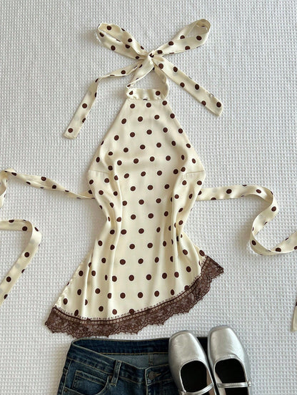 Flirla Elegant French Retro Polka Dot Fabric Halter Backless Sexy Chic Minimalist Versatile Summer Blouse For Women