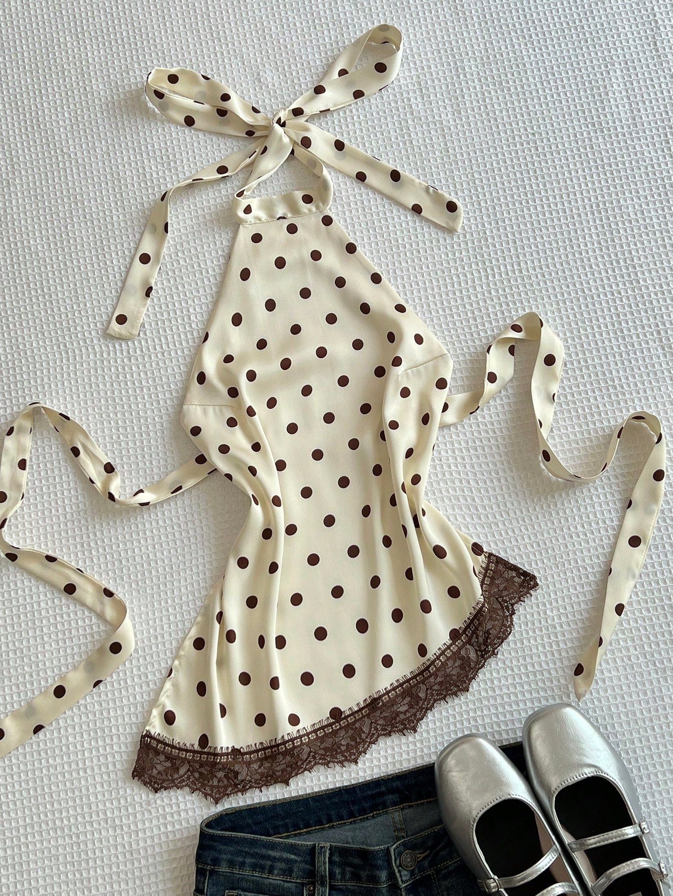Flirla Elegant French Retro Polka Dot Fabric Halter Backless Sexy Chic Minimalist Versatile Summer Blouse For Women