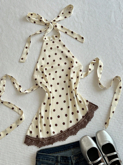 Flirla Elegant French Retro Polka Dot Fabric Halter Backless Sexy Chic Minimalist Versatile Summer Blouse For Women