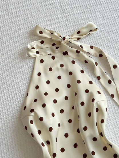 Flirla Elegant French Retro Polka Dot Fabric Halter Backless Sexy Chic Minimalist Versatile Summer Blouse For Women