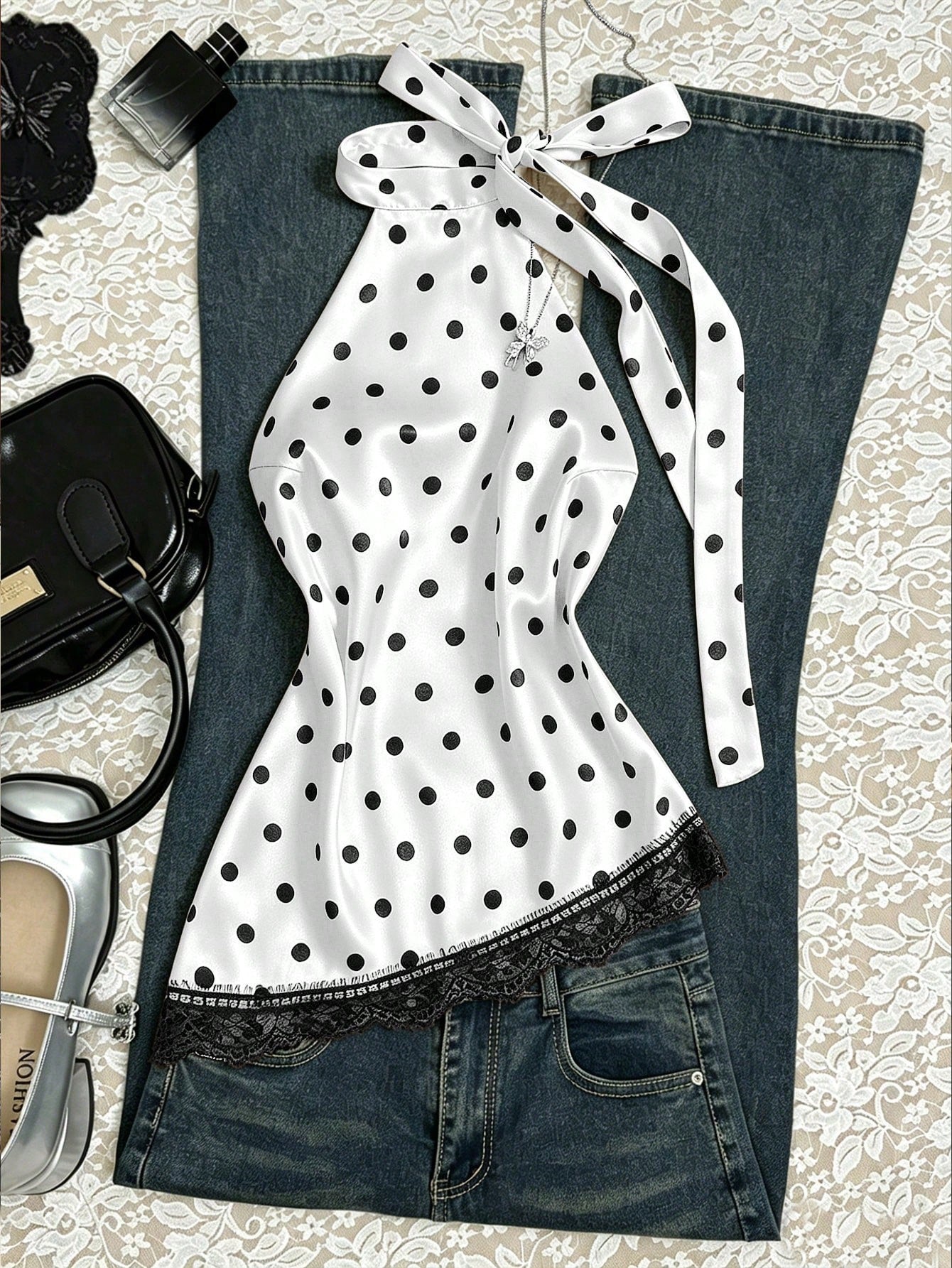 Flirla Elegant French Retro Polka Dot Fabric Halter Backless Sexy Chic Minimalist Versatile Summer Blouse For Women