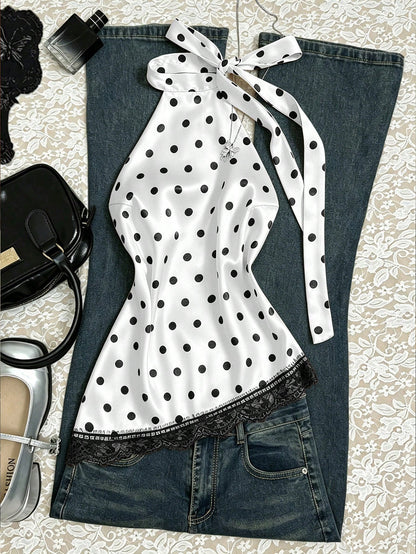 Flirla Elegant French Retro Polka Dot Fabric Halter Backless Sexy Chic Minimalist Versatile Summer Blouse For Women