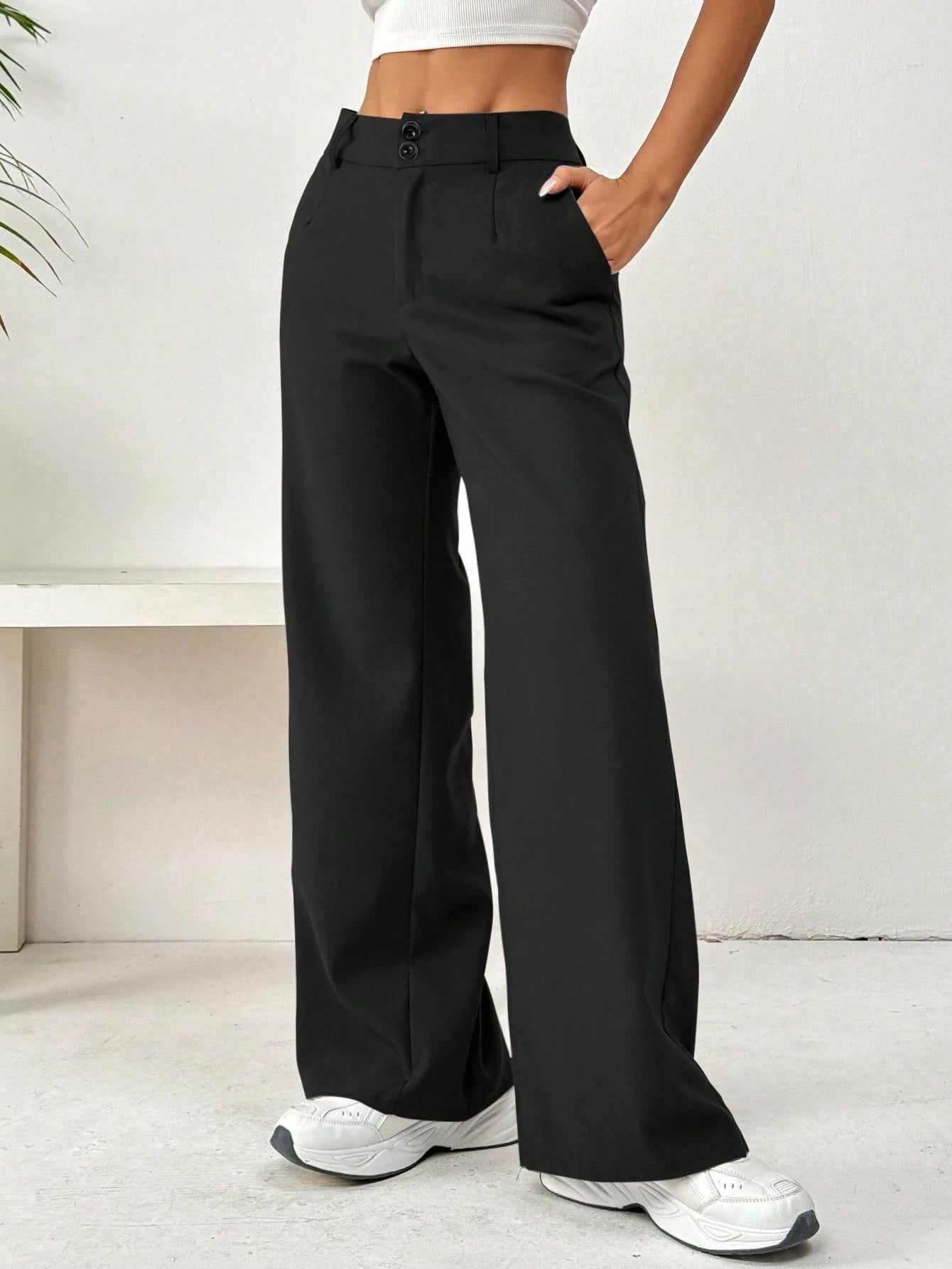 Flirla Front Button Zipper Side Pocket Long Pants Fall Cloth For Women