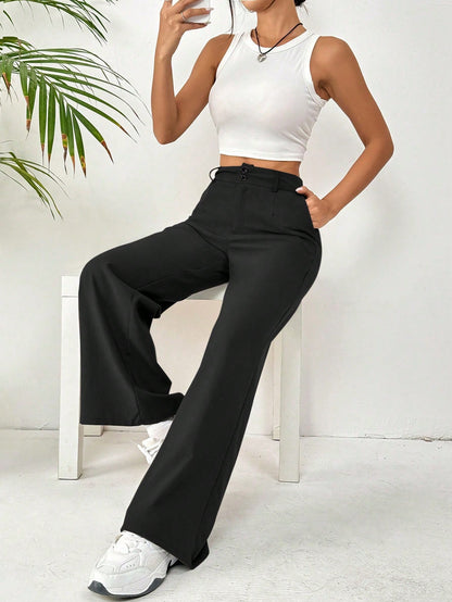 Flirla Front Button Zipper Side Pocket Long Pants Fall Cloth For Women