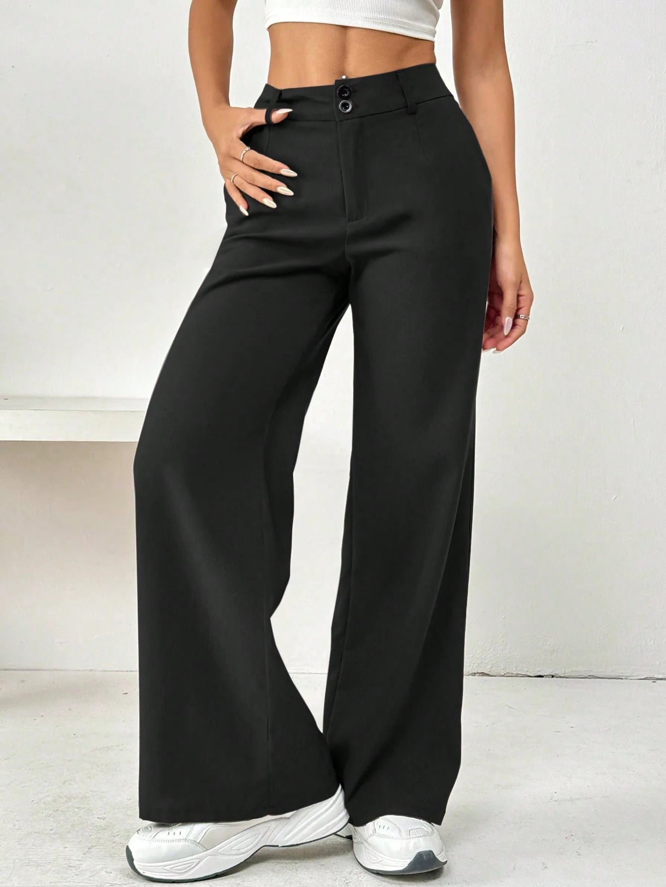 Flirla Front Button Zipper Side Pocket Long Pants Fall Cloth For Women