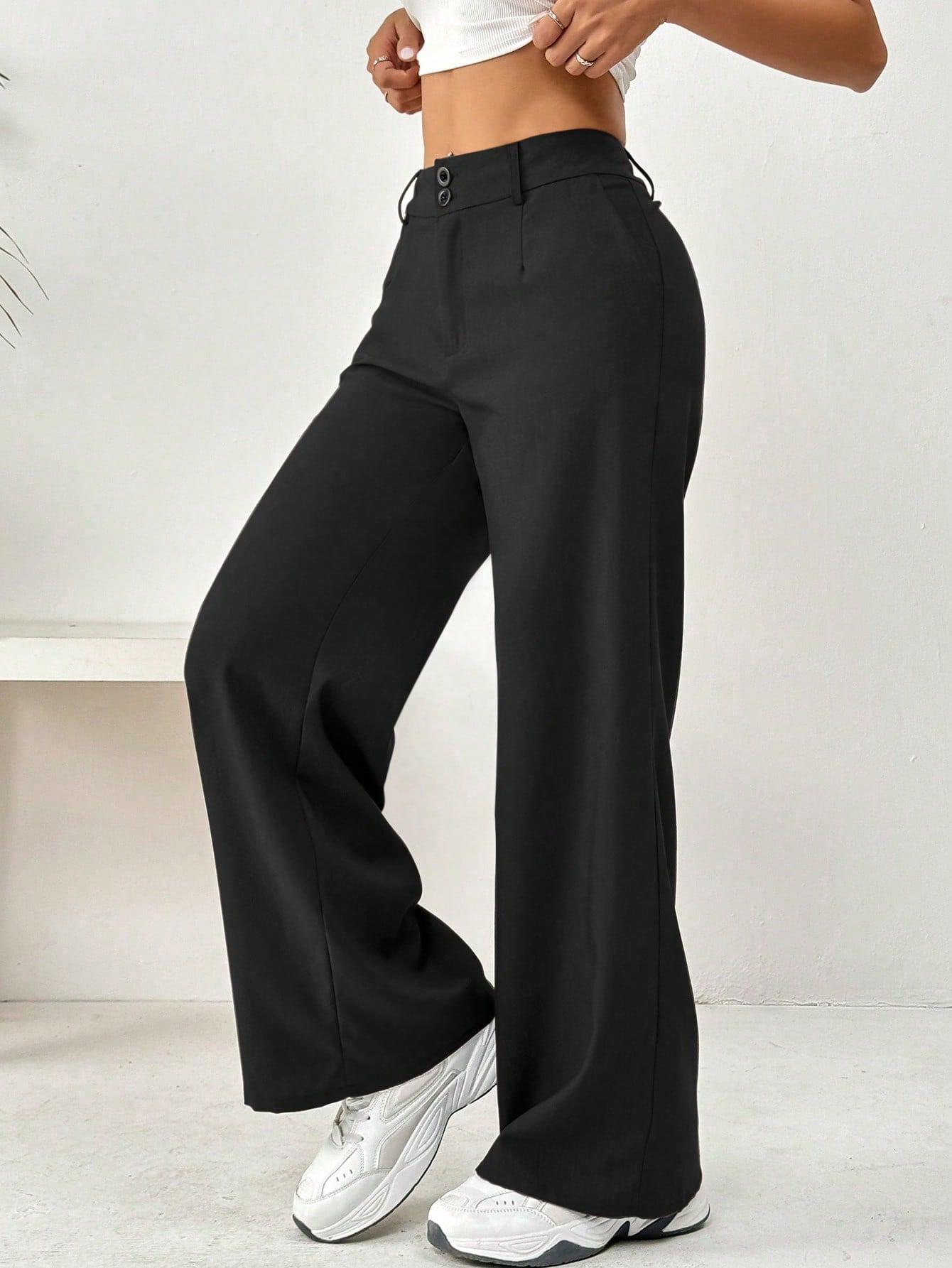 Flirla Front Button Zipper Side Pocket Long Pants Fall Cloth For Women