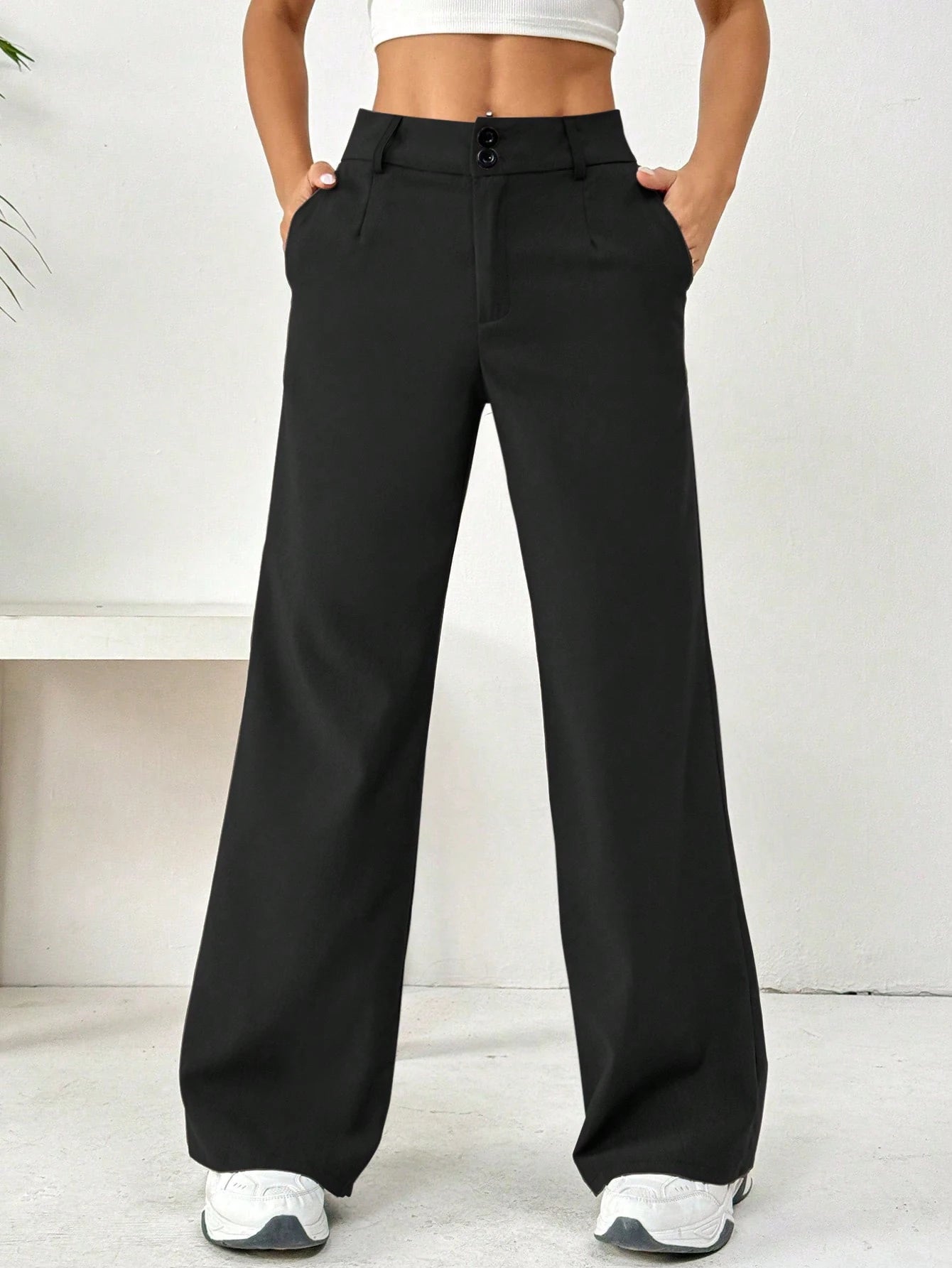 Flirla Front Button Zipper Side Pocket Long Pants Fall Cloth For Women