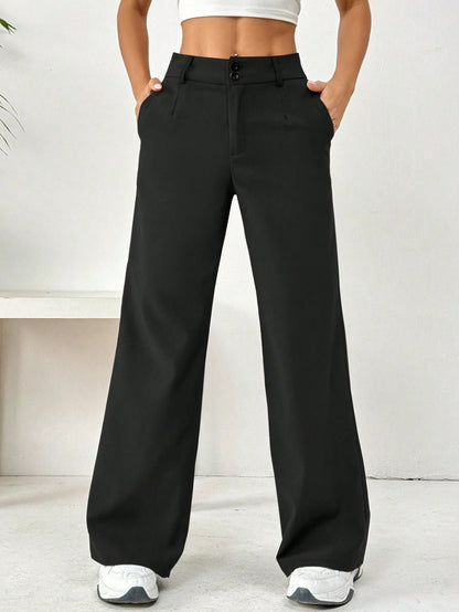 Flirla Front Button Zipper Side Pocket Long Pants Fall Cloth For Women