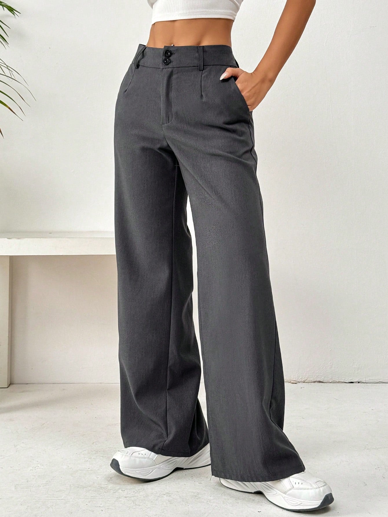 Flirla Front Button Zipper Side Pocket Long Pants Fall Cloth For Women